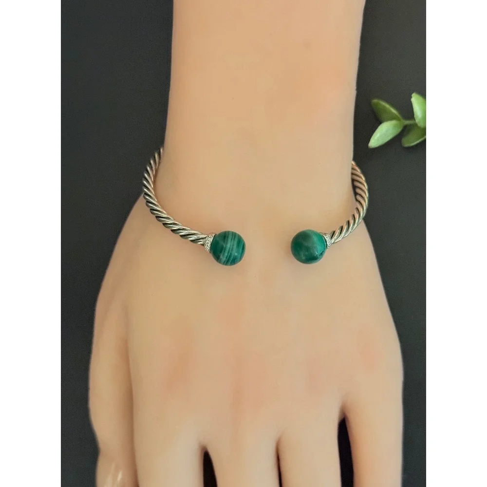 David Yurman Solari Malachite Diamond Sterling Silver Cable Bypass Bracelet M